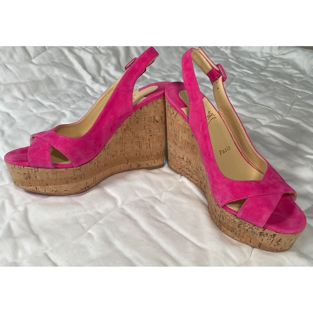 Christian Louboutin Pink Suede Cork Platform Wedge Sandals Size 38 Red Bottoms